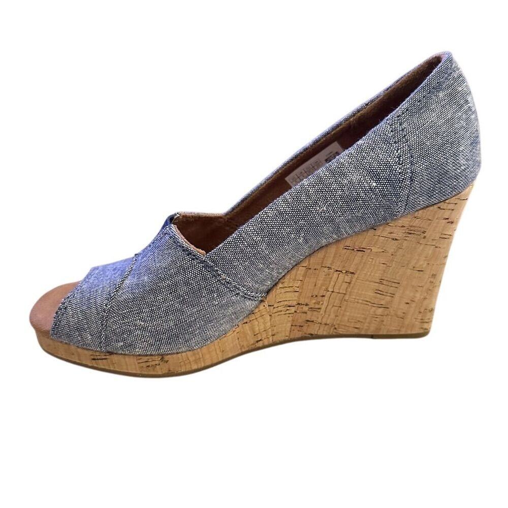 TOMS Women's Blue Chambray Wedge Slip-On Peep Toe Heels Casual size 6 - Picture 5 of 13